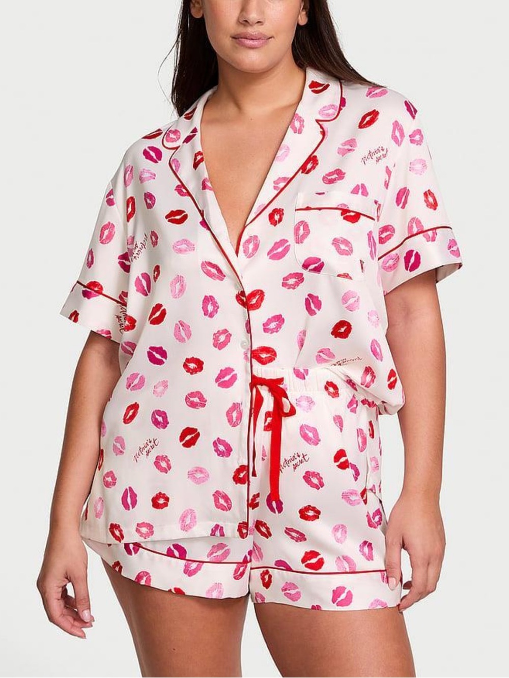 Victoria's Secret Kids Satin Pajama Set in White with Pink & Red Lip Print